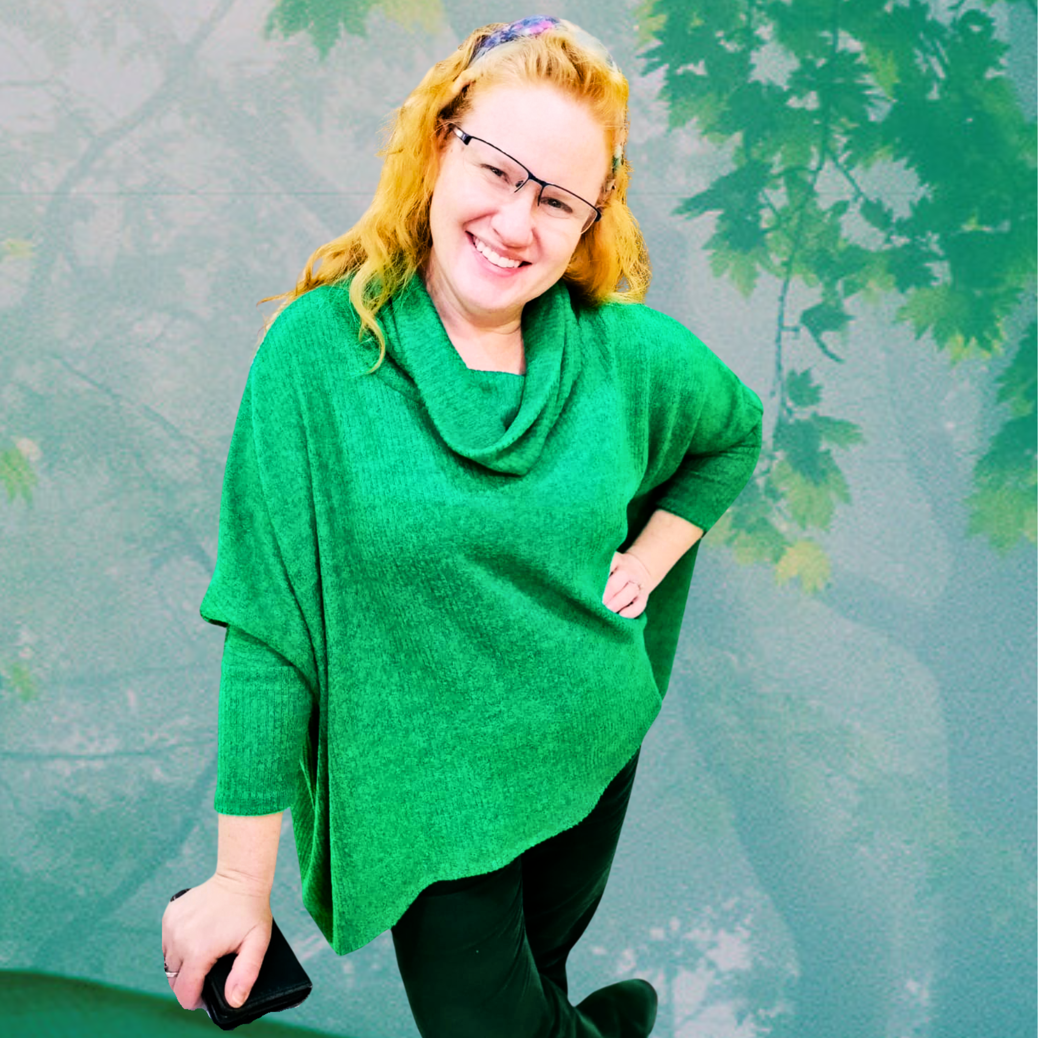 green cowlneck sweater forest background