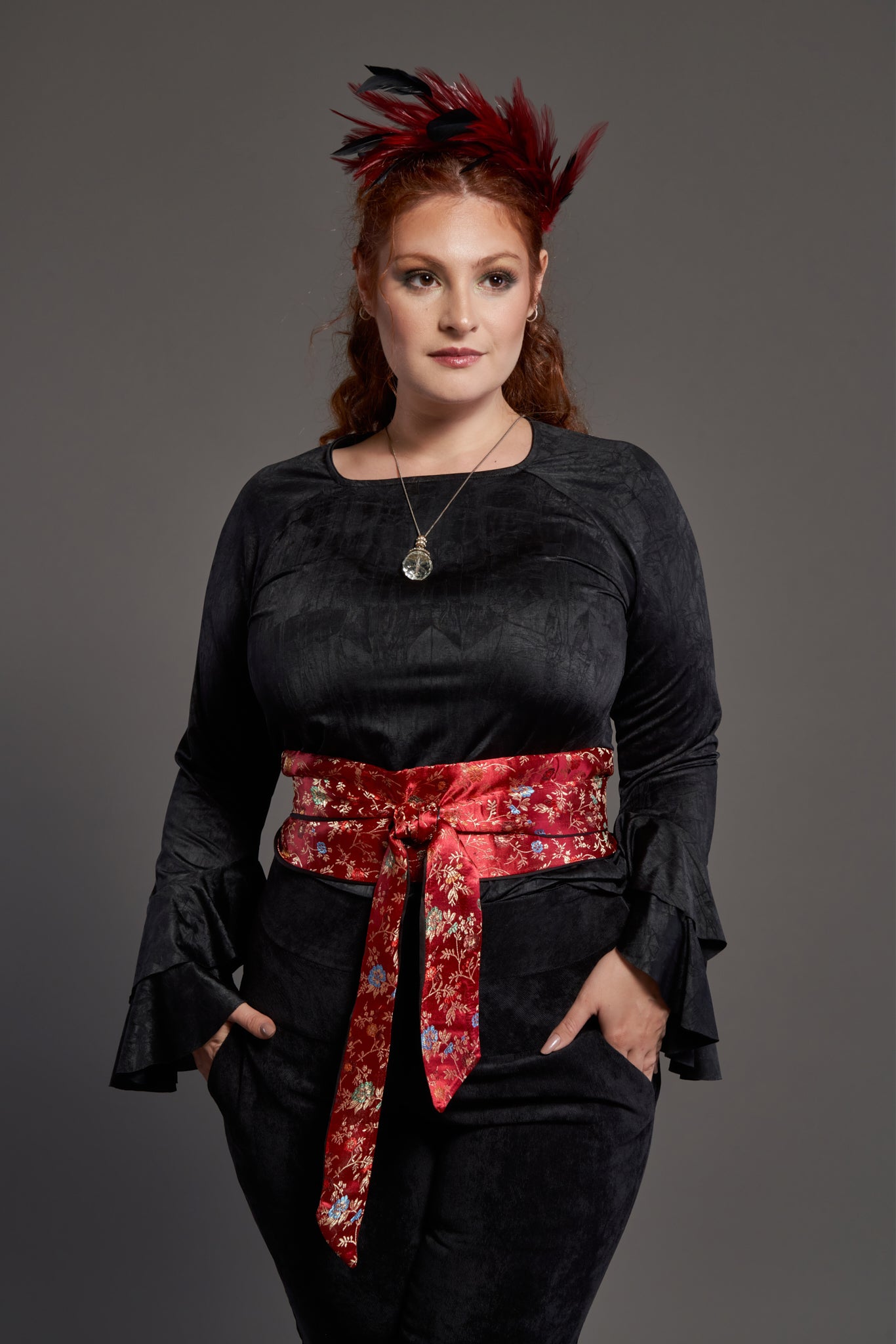 Floral Obi-Style Waist Belt in Black and Red Women Crimson Sakura Wave Yukata and Obi Belt Set | Japanese  main image 4