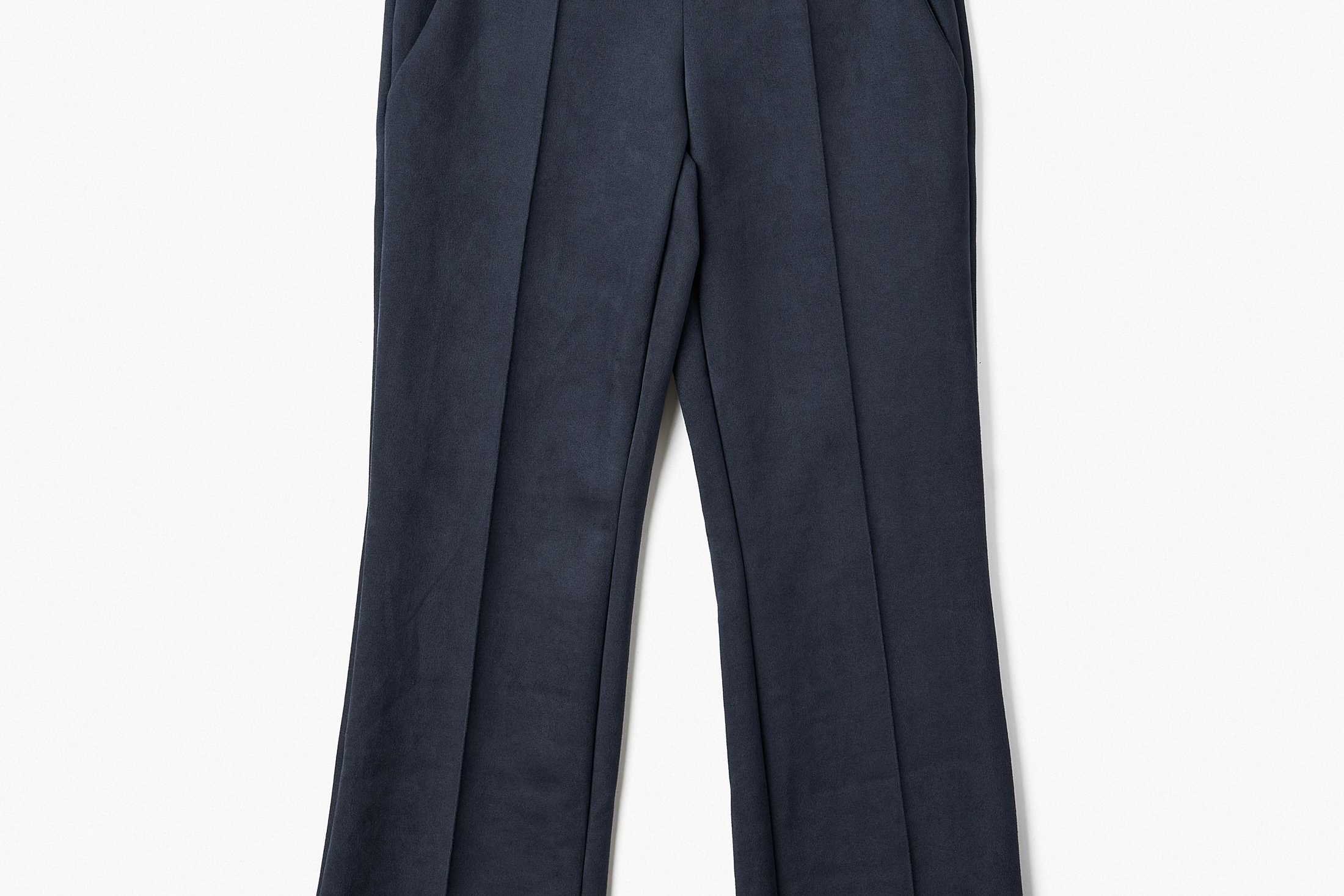 Blue sueded pants, side zipper, stretch fabric