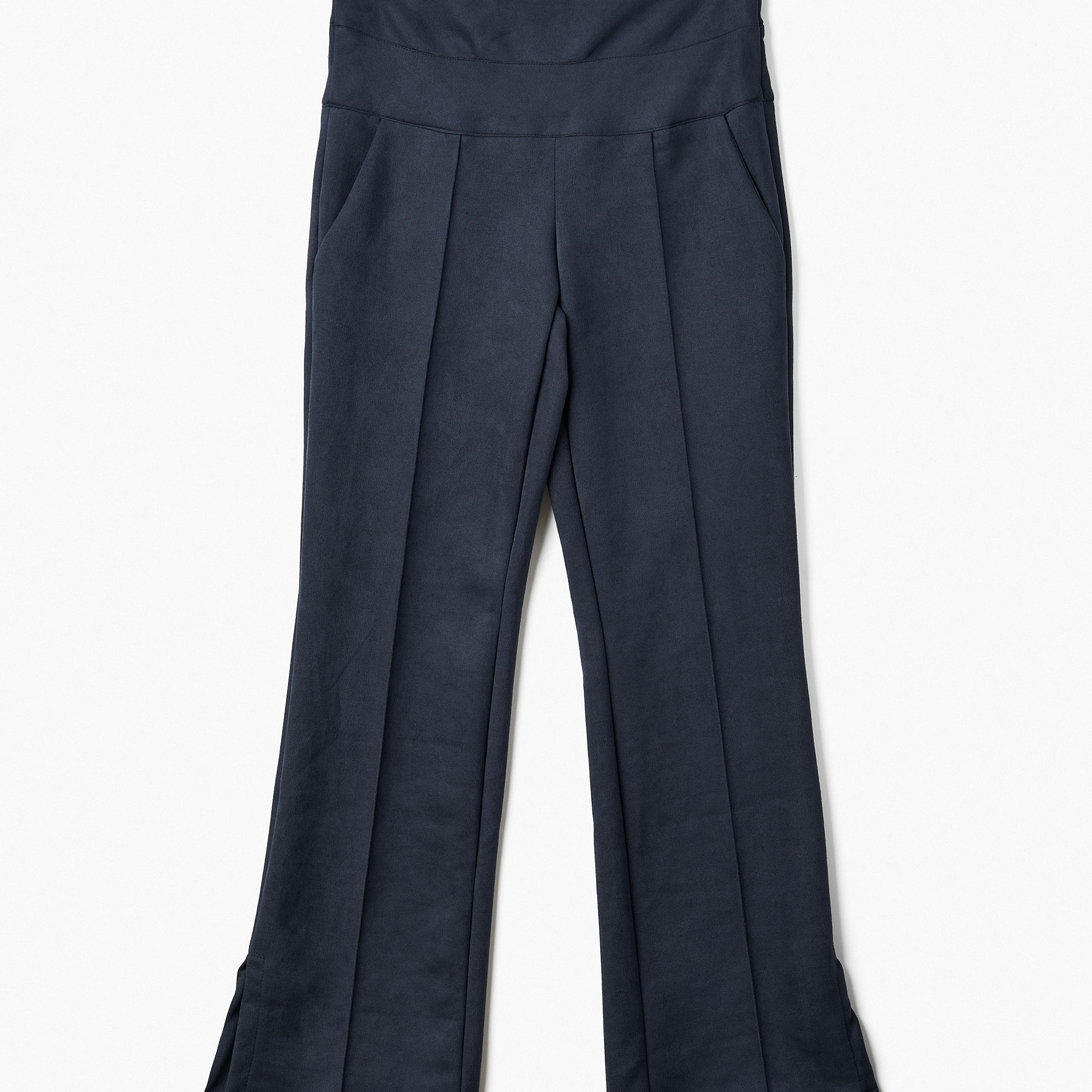 Blue sueded pants, side zipper, stretch fabric