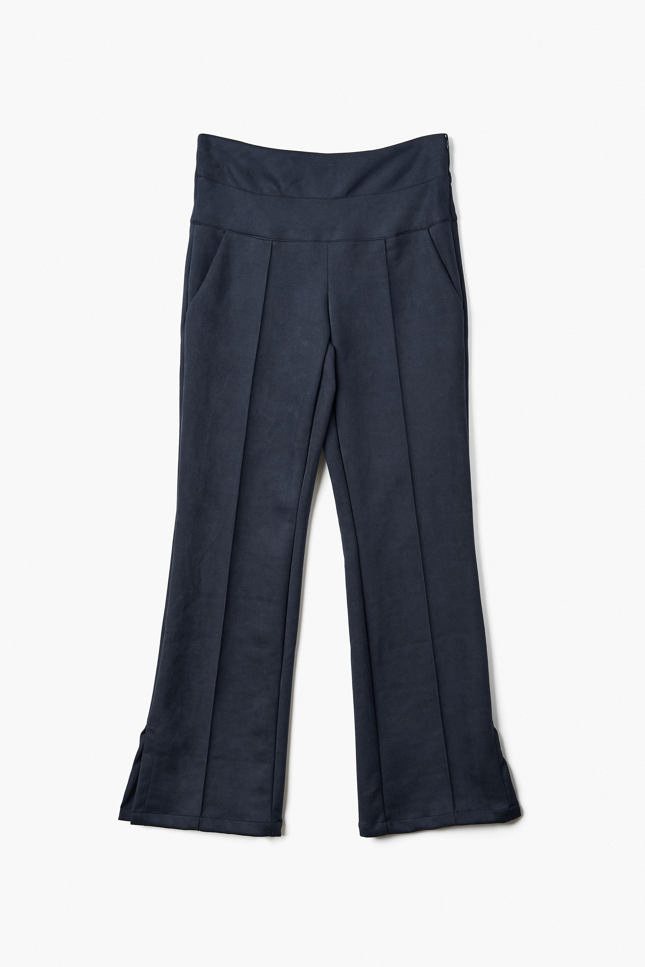 Blue sueded pants, side zipper, stretch fabric